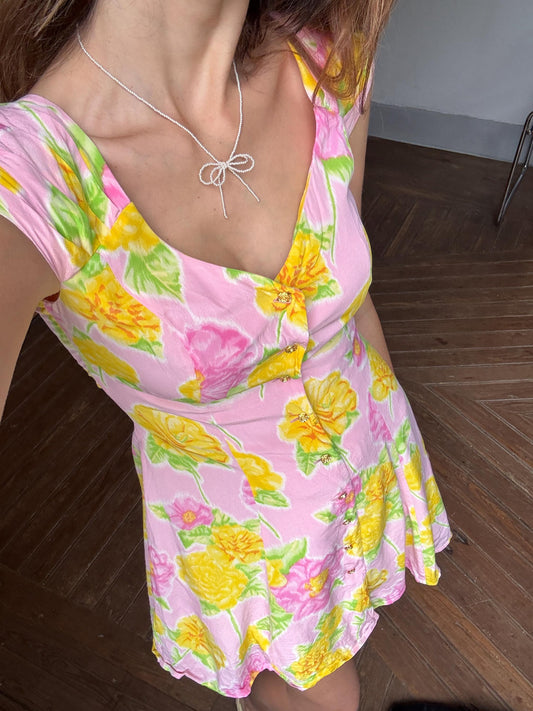 Vintage Escada Silk Floral Mini Dress – 1990s Designer Pink Summer Romance outfit, Luxury wedding short guest dress