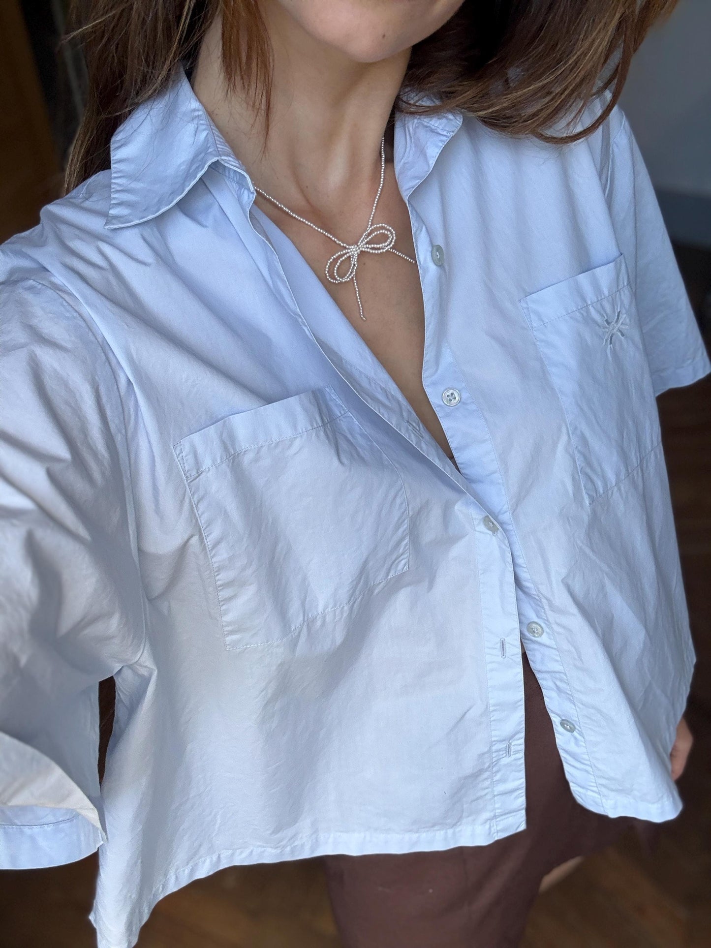 Vintage United Colors of Benetton cropped shirt, Oversized button down light blue crisp woman blouse