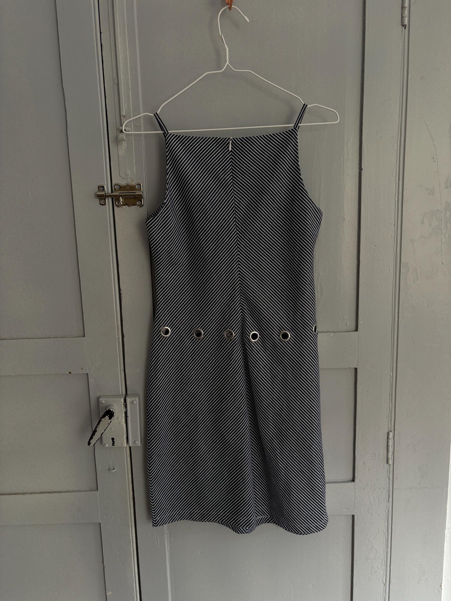 Navy Pinstripe Y2K Mini Dress with Grommet Detail by Lili Sidonio