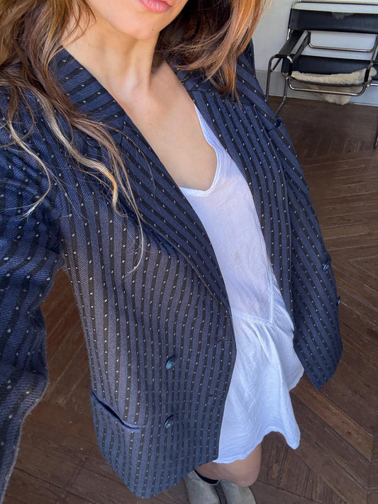 Vintage wool blazer made in Spain oversized boyfriend fit groovy pinstripe pattern navy jacket