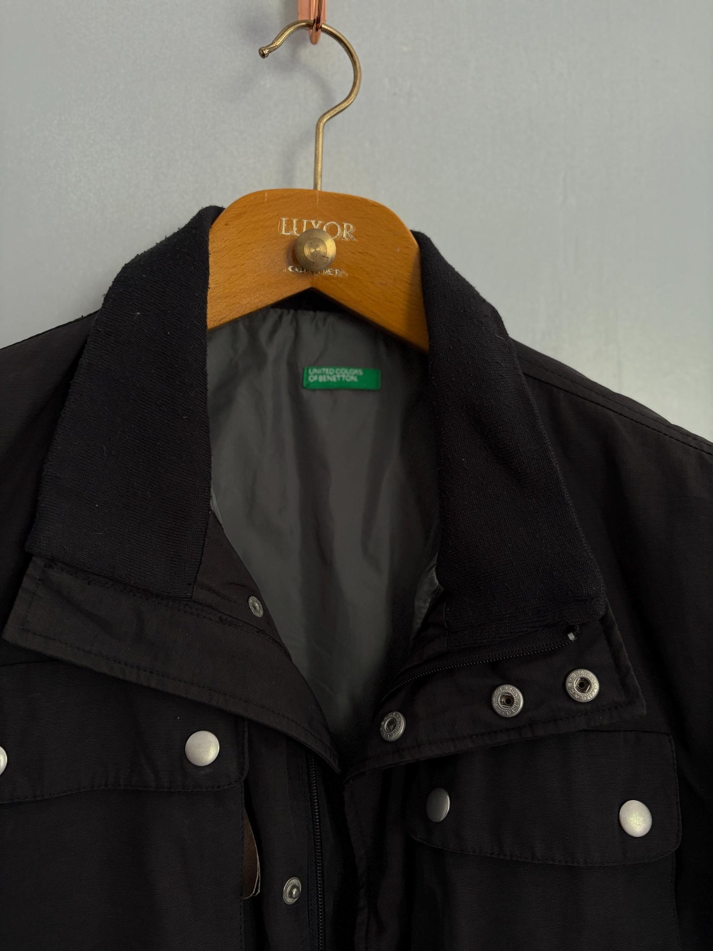 Vintage United Colors of Benetton coat, Black utility jacket, Size 48, Streetwear minimalist clothing piece