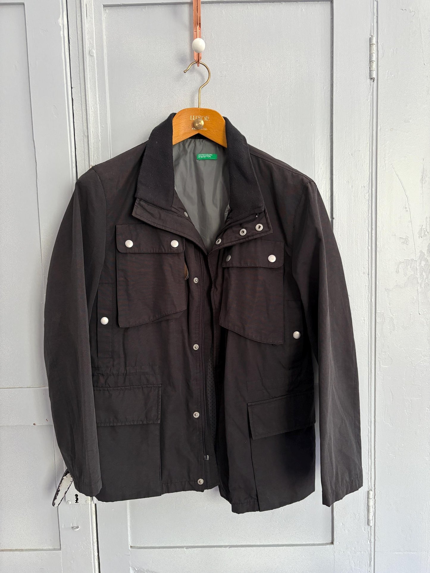 Vintage United Colors of Benetton coat, Black utility jacket, Size 48, Streetwear minimalist clothing piece