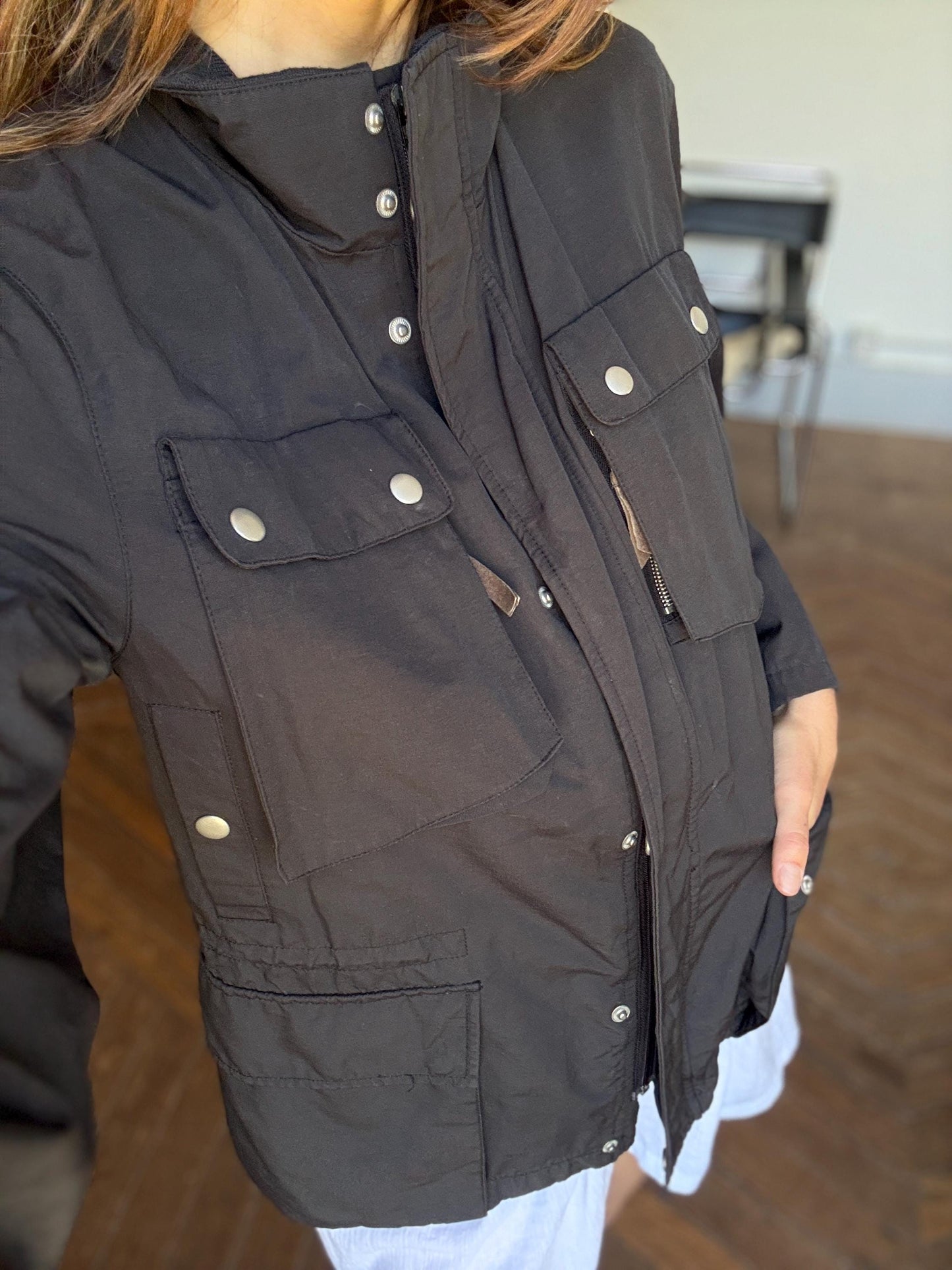 Vintage United Colors of Benetton coat, Black utility jacket, Size 48, Streetwear minimalist clothing piece