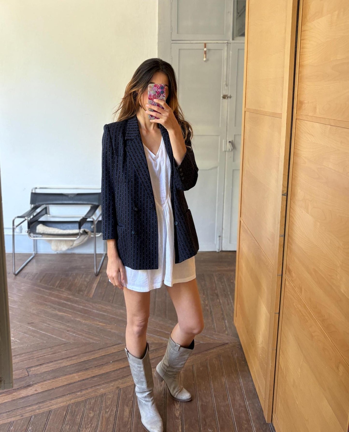 Vintage wool blazer made in Spain oversized boyfriend fit groovy pinstripe pattern navy jacket
