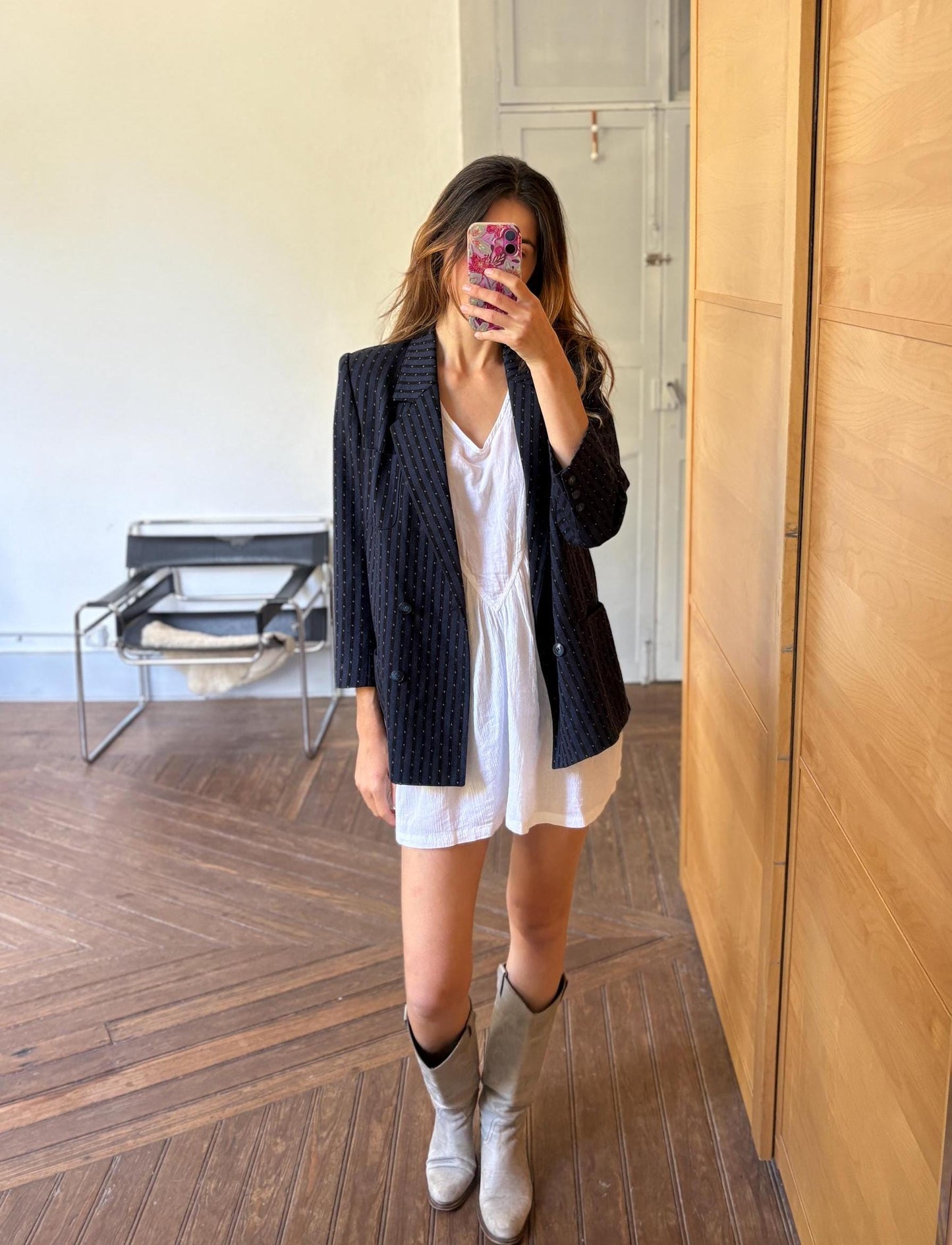 Vintage wool blazer made in Spain oversized boyfriend fit groovy pinstripe pattern navy jacket