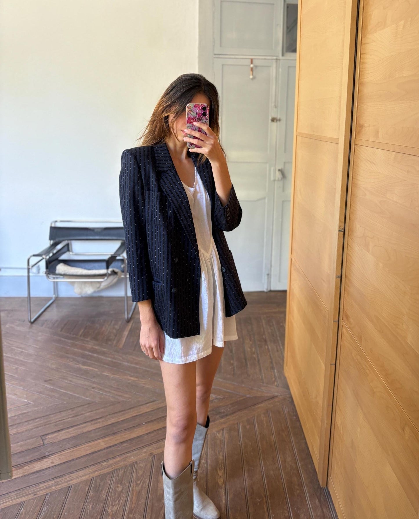 Vintage wool blazer made in Spain oversized boyfriend fit groovy pinstripe pattern navy jacket