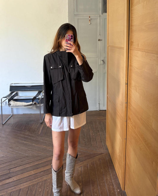 Black utility jacket, 48, Streetwear minimalist coat, sustainable fashion