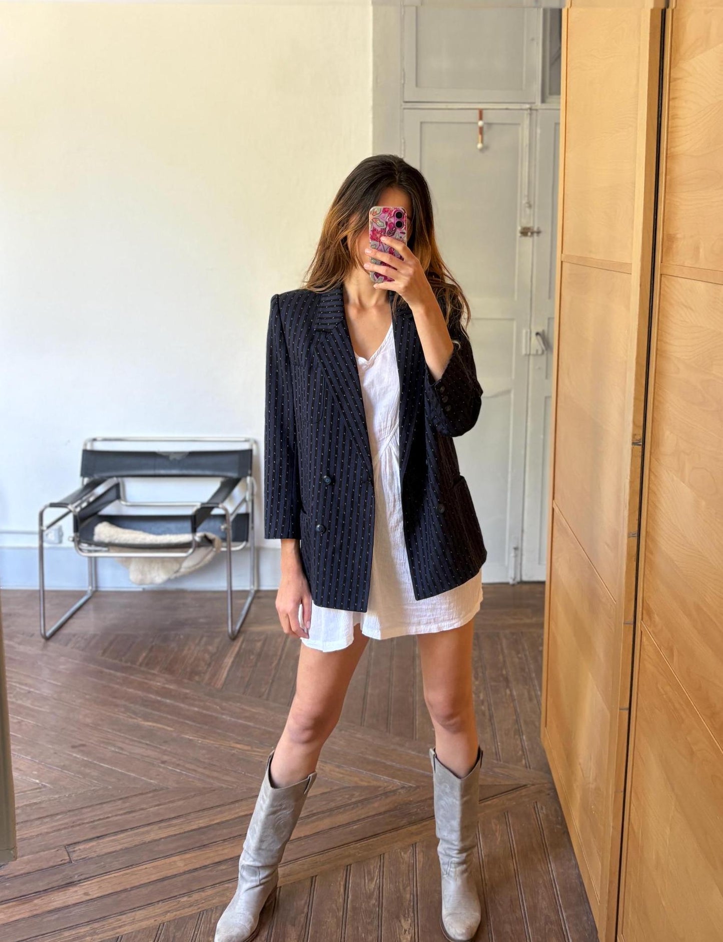 vintage wool blazer, oversized pinstripe jacket, made in spain vintage, retro navy blazer, boyfriend fit blazer, 90s power blazer, wool outerwear women, groovy vintage coat, spanish vintage fashion, dark academia jacket, timeless wool blazer, slow fashion find, vintage fall staple