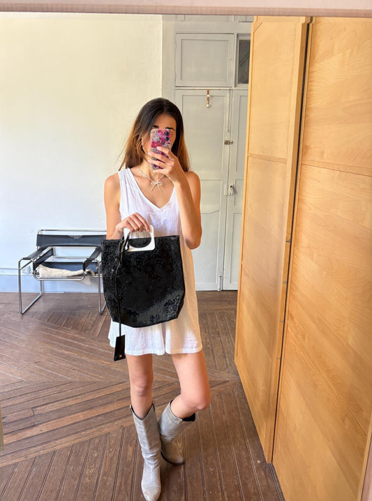 Vintage Lancôme Paris Black Patent Bag – Y2K Glossy Handbag with Cutout Handle – Statement Style – One Size