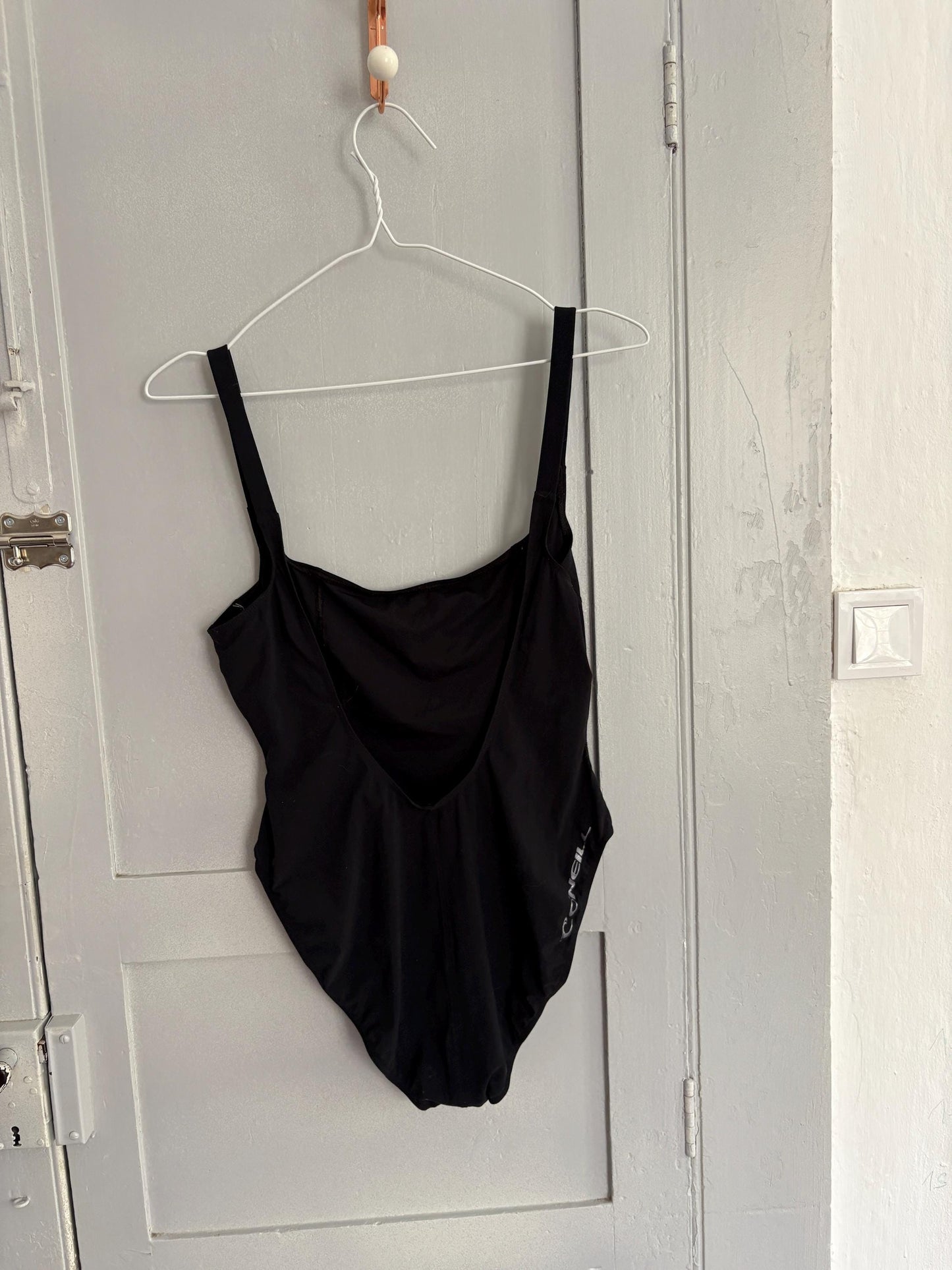 VINTAGE O’Neill black one-piece swimsuit, Vintage 90s surfwear, Black hot bodysuit, Size S, Sexy high leg scoop, Open back swimwear