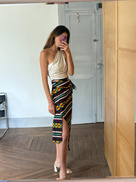 Gorgeous Vintage wrap around skirt, Colourful stripe and check print midi skirt, Long one size fits most summer skirt, adjustable waist