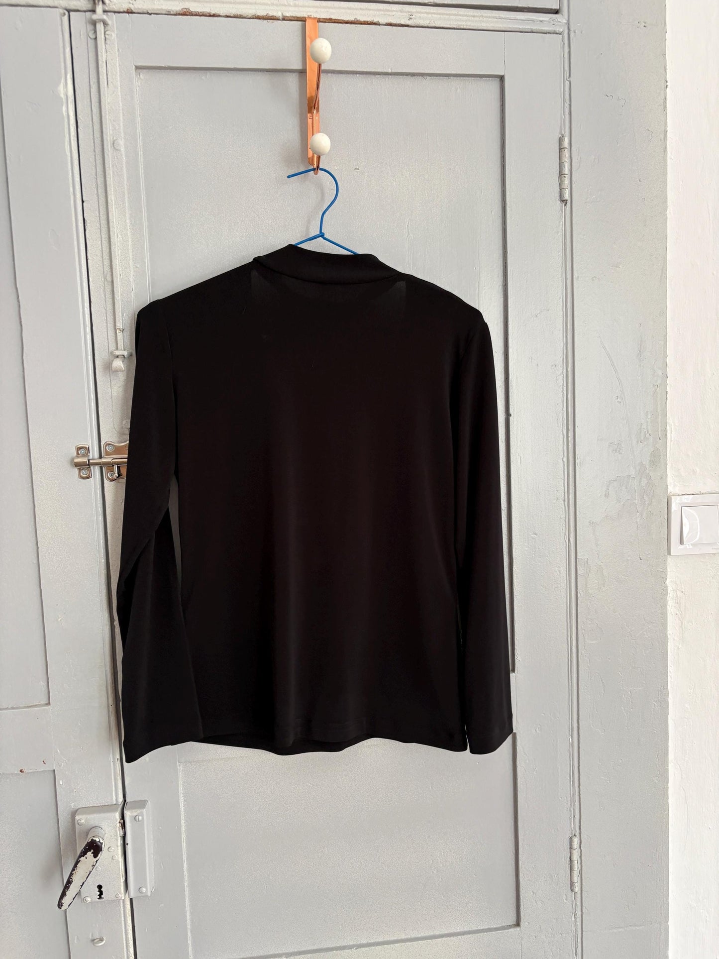 Y2K Vera Finzzi Paris Black Top – Vintage Choker Strap Blouse, French Designer, Made in France, Long Sleeve Minimalist Party Top Size S/M