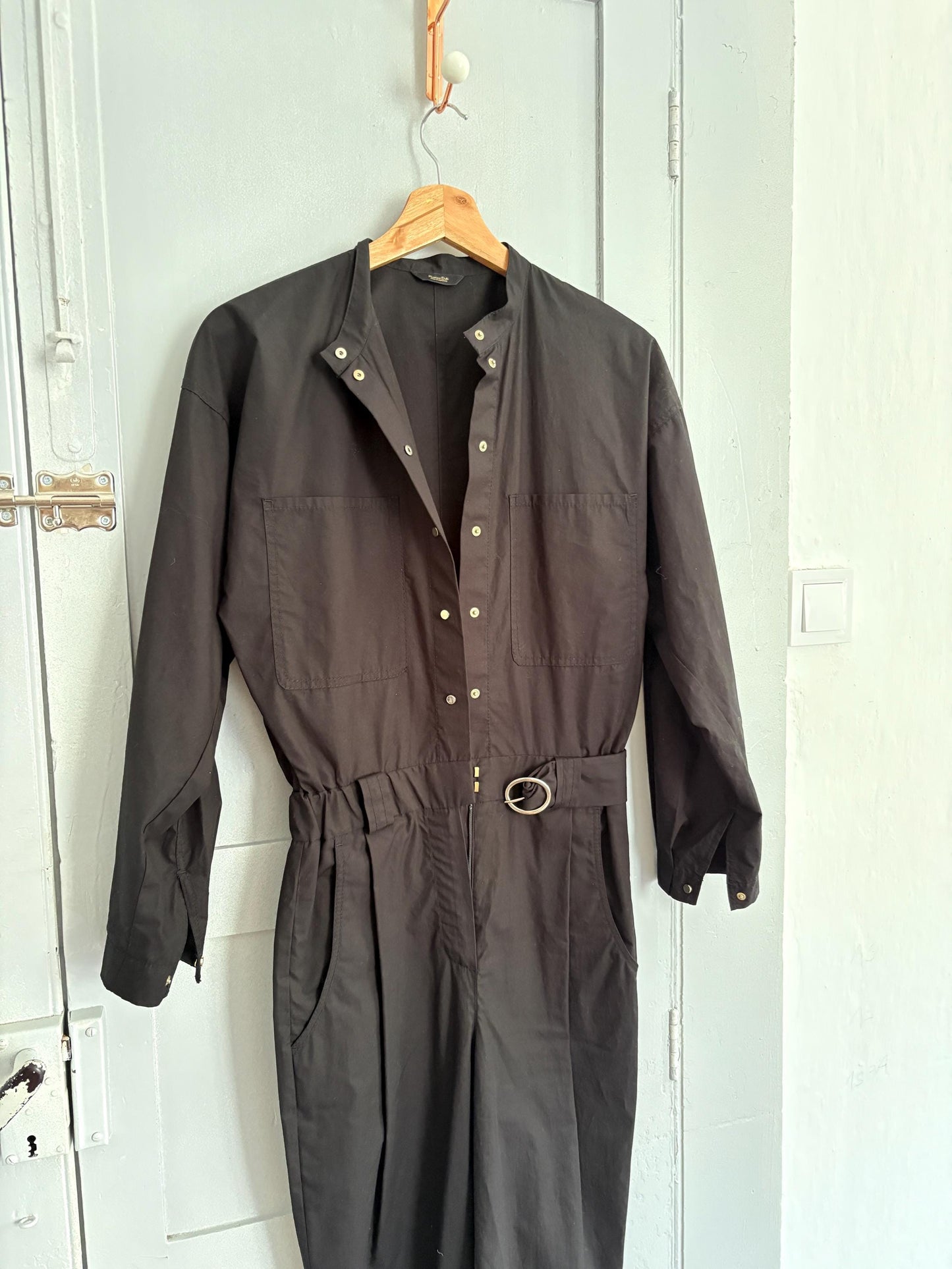 Black cotton jumpsuit, Massimo Dutti, tailored summer one-piece, snap button front, belted waist, size XS, utility chic style