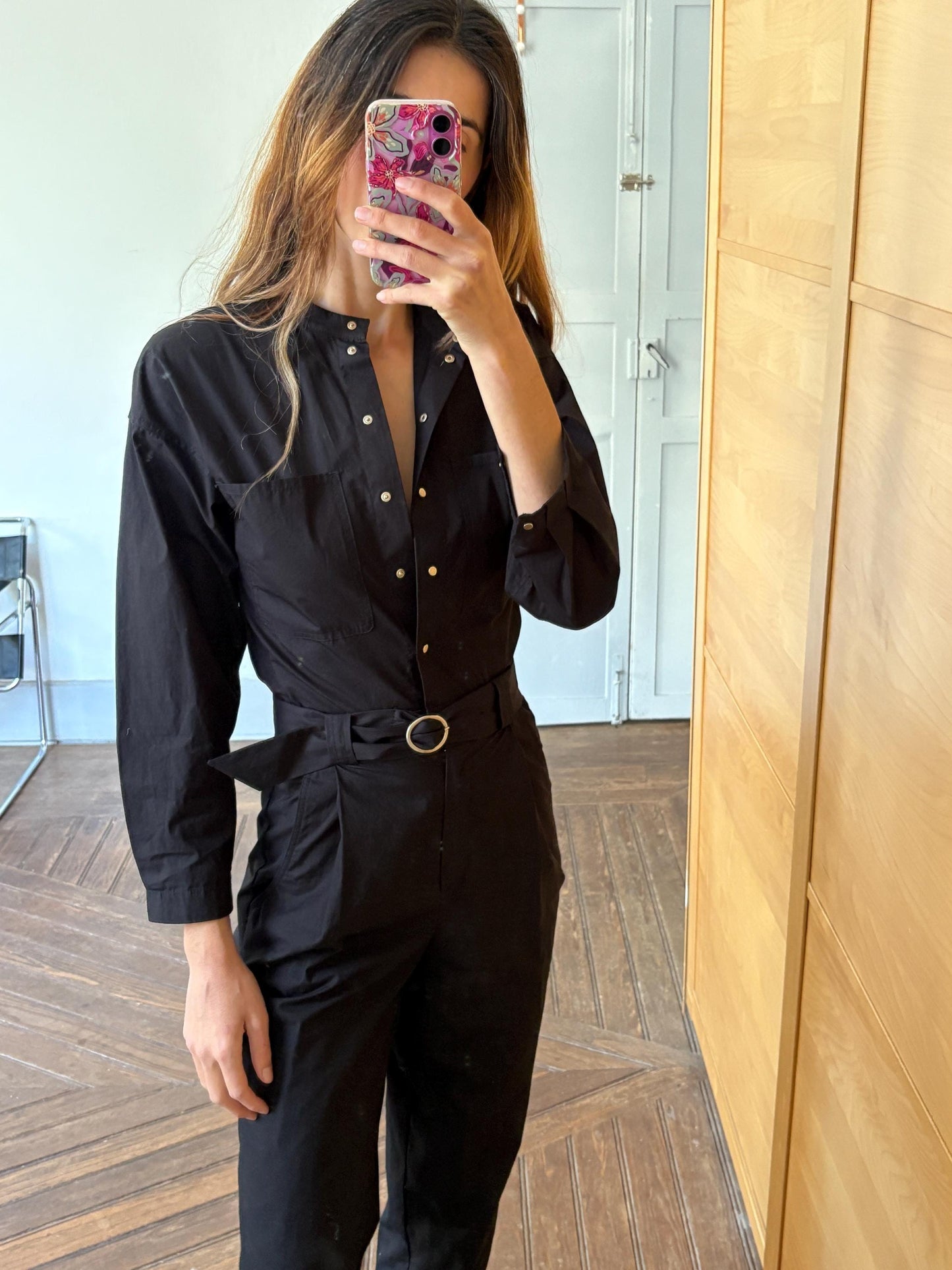 Black cotton jumpsuit, Massimo Dutti, tailored summer one-piece, snap button front, belted waist, size XS, utility chic style