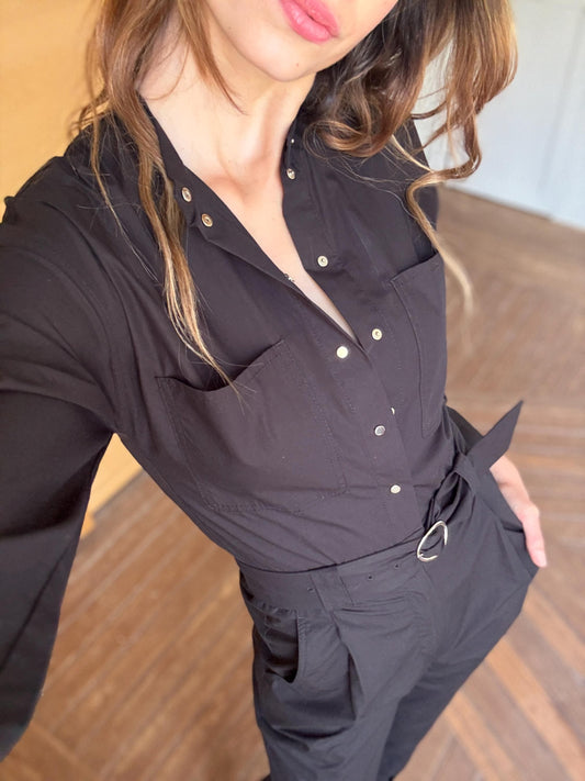 Black cotton jumpsuit, Massimo Dutti, tailored summer one-piece, snap button front, belted waist, size XS, utility chic style