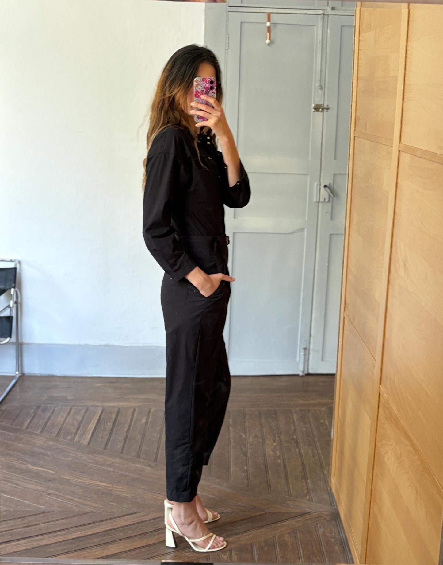 Black cotton jumpsuit, Massimo Dutti, tailored summer one-piece, snap button front, belted waist, size XS, utility chic style