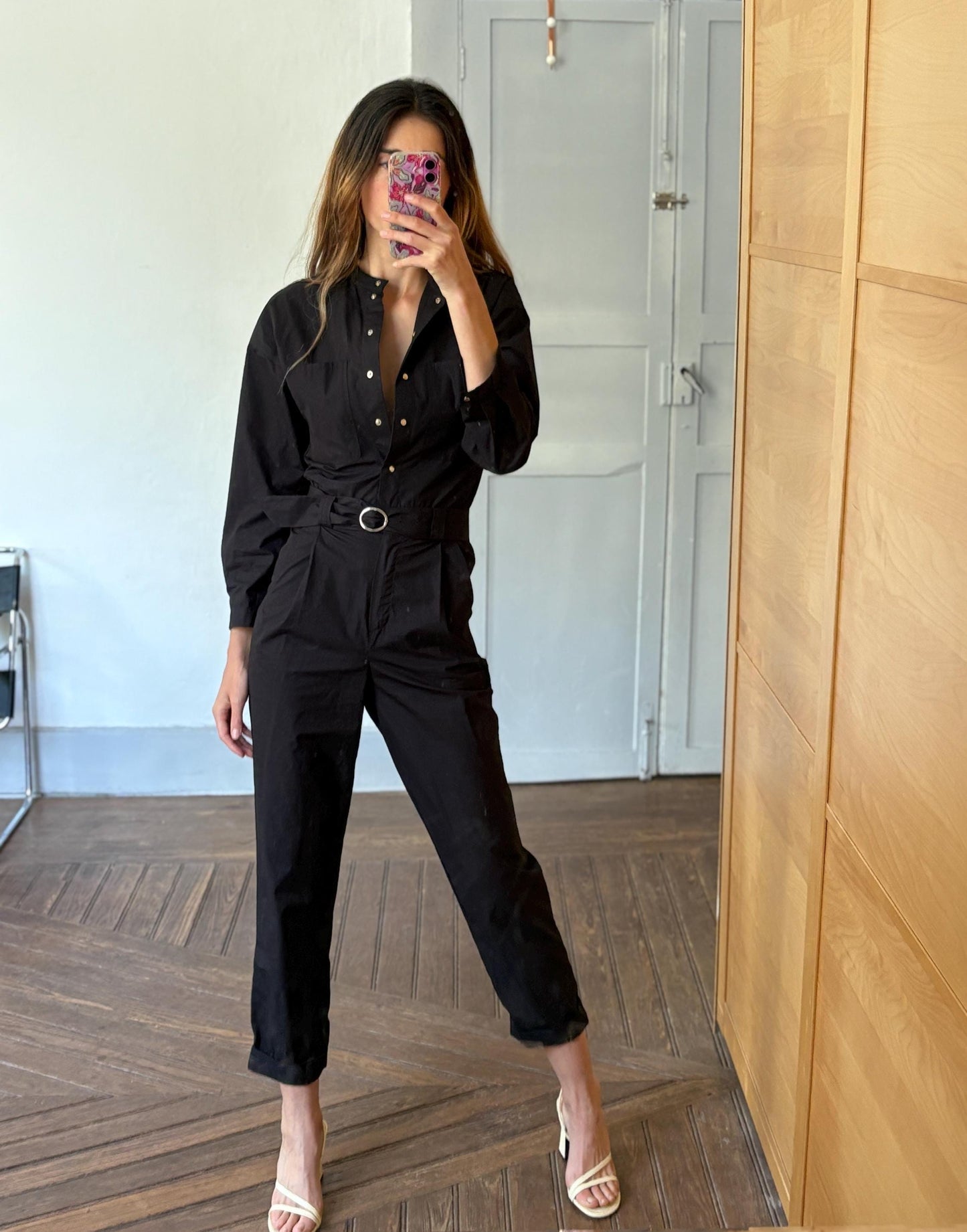 Black cotton jumpsuit, Massimo Dutti, tailored summer one-piece, snap button front, belted waist, size XS, utility chic style