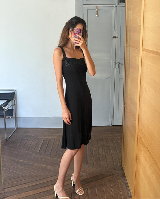 Black sequin midi dress, ANGEL SCHLESSER vintage cocktail style dress, square neckline, sparkly straps, size EU S - M elegant flowy fit