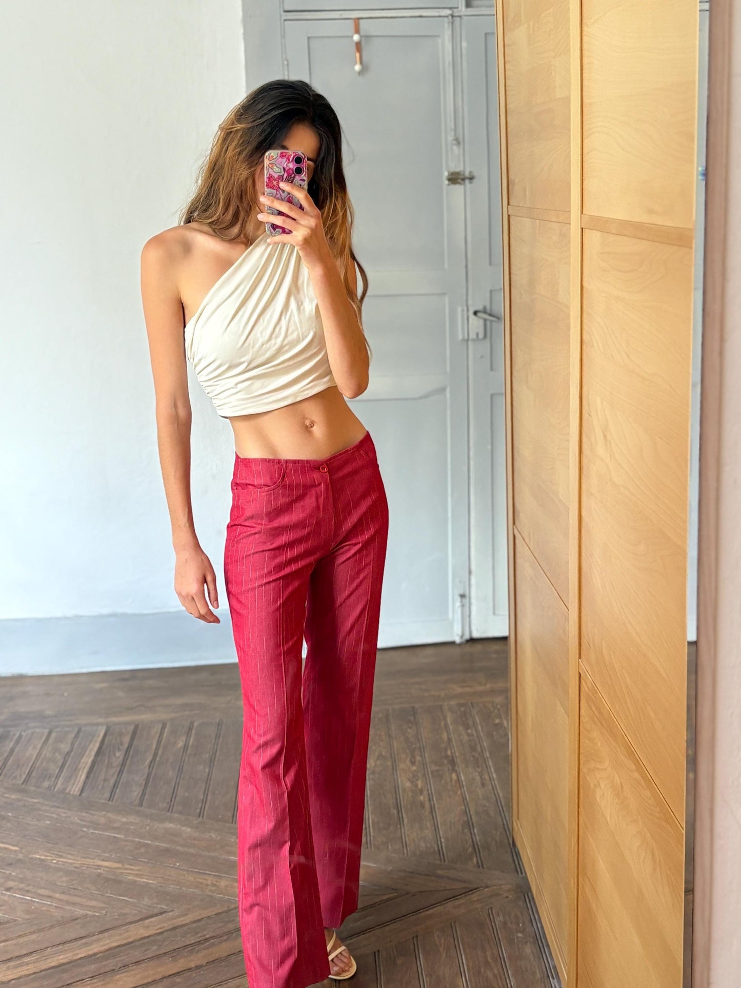 Vintage pinstripe pants, Unique statement clothing, Retro luxury red trousers, Elegant 2000s style high waist flared fit pants, Size M