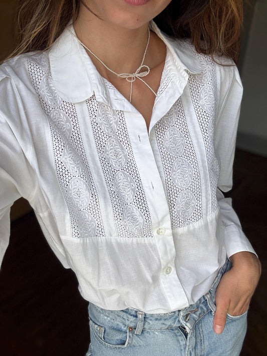 Vintage white blouse romantic cottagecore aesthetic, Embroidered long sleeve, Luxe Tirol button down, Folklore quality clothing