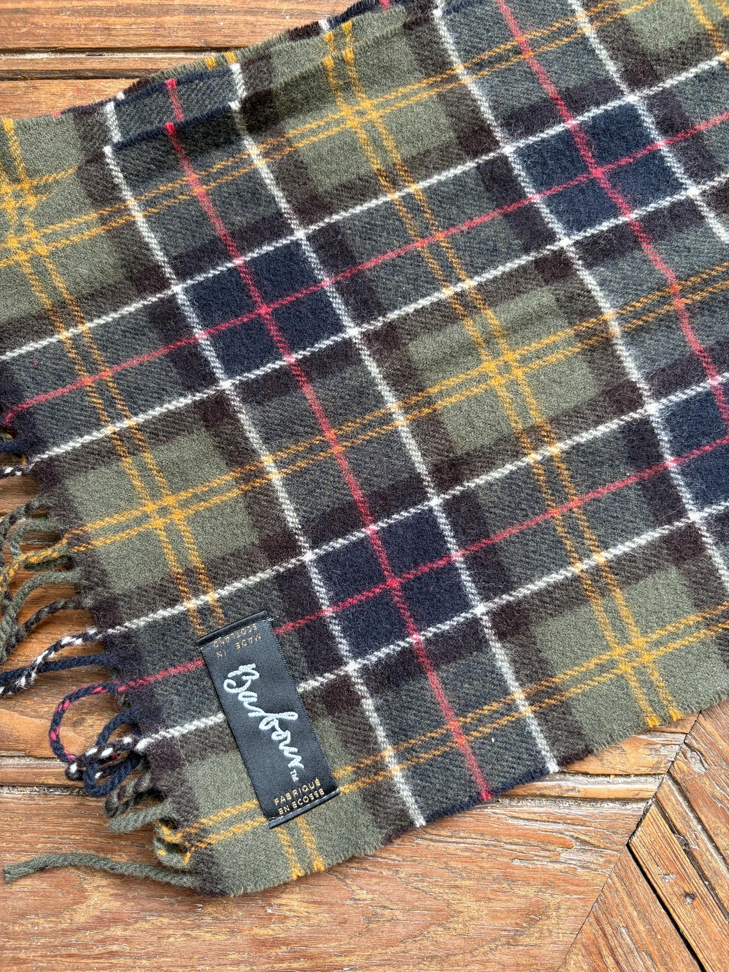 Vintage barbour wool scarf made in scotland – green plaid tartan, soft fringe, classic heritage style