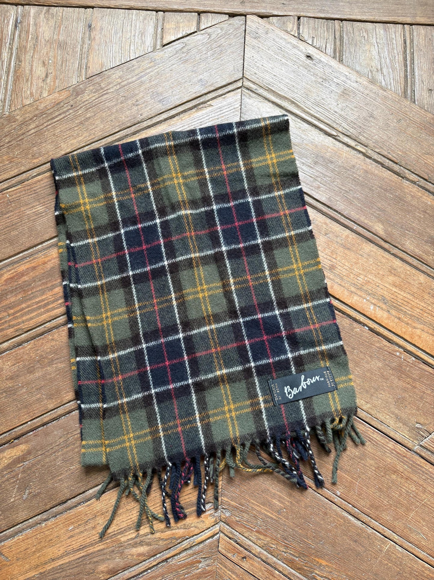 Vintage barbour wool scarf made in scotland – green plaid tartan, soft fringe, classic heritage style