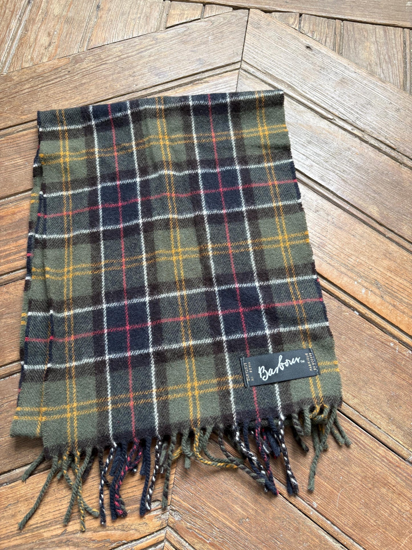 Vintage barbour wool scarf made in scotland – green plaid tartan, soft fringe, classic heritage style