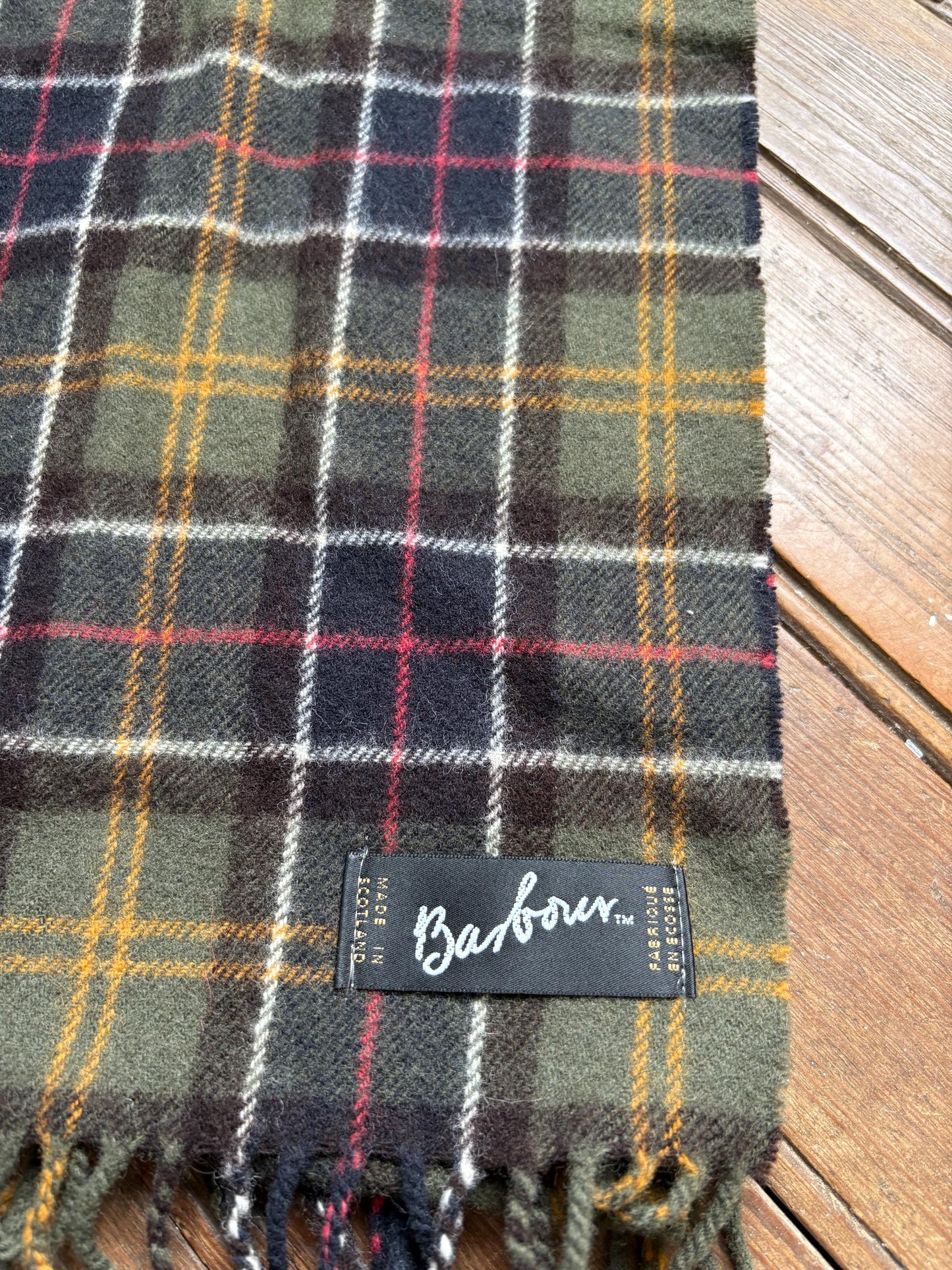 Vintage barbour wool scarf made in scotland – green plaid tartan, soft fringe, classic heritage style