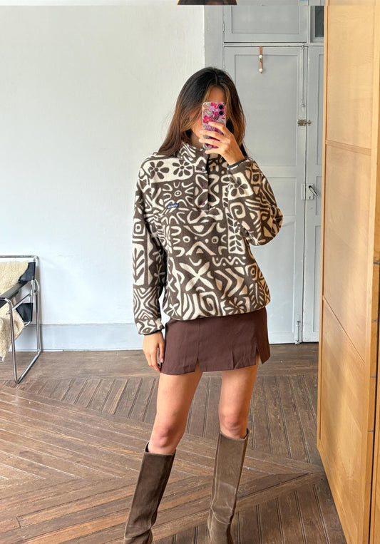 Vintage patagonia synchilla fleece pullover – rare tribal print, brown/cream snap-t, made in usa, cozy retro unisex outerwear