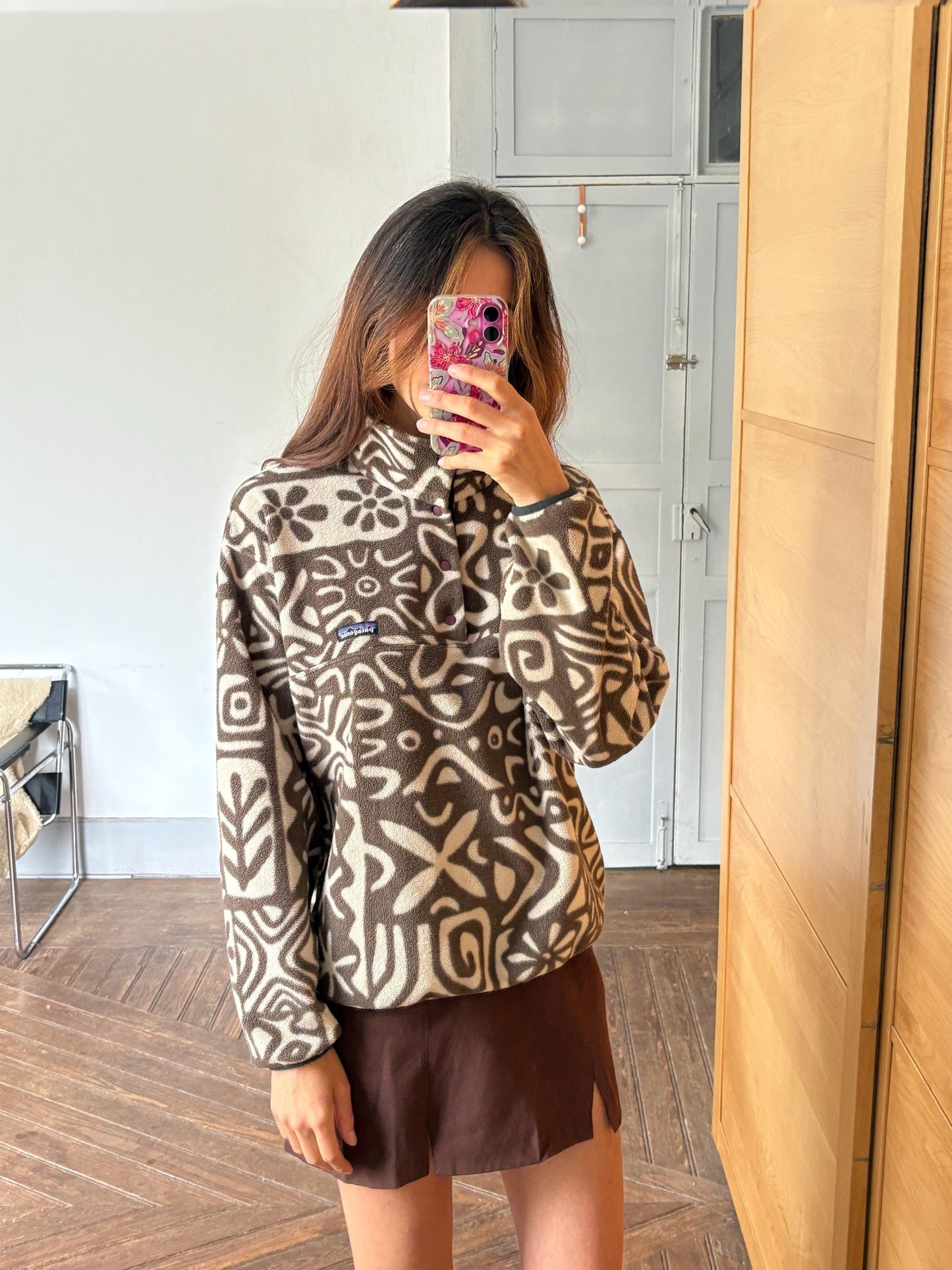 Vintage patagonia synchilla fleece pullover – rare tribal print, brown/cream snap-t, made in usa, cozy retro unisex outerwear