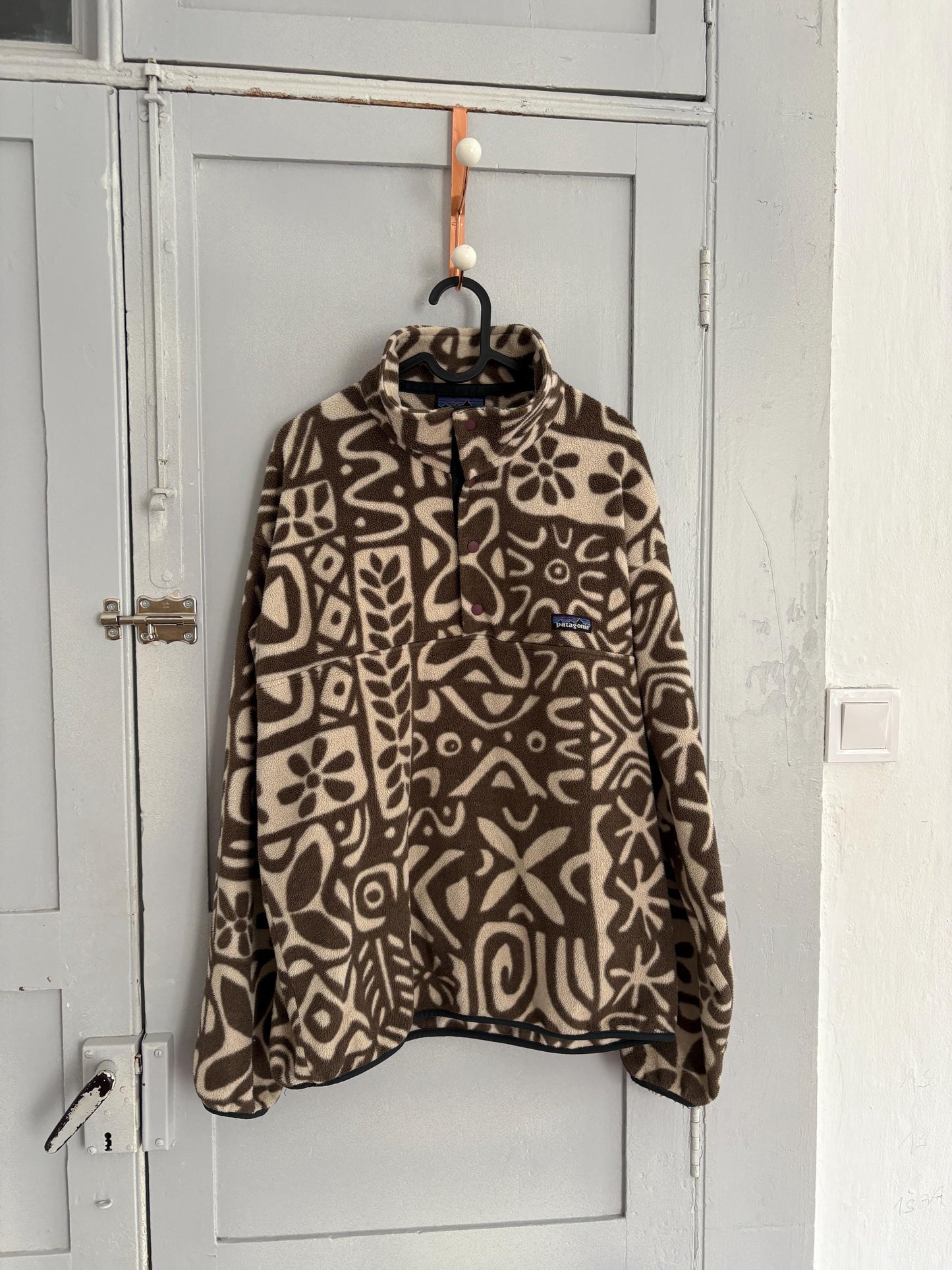 Vintage patagonia synchilla fleece pullover – rare tribal print, brown/cream snap-t, made in usa, cozy retro unisex outerwear