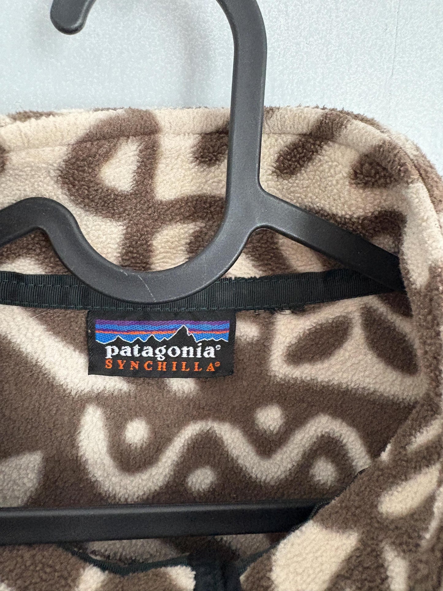 Vintage patagonia synchilla fleece pullover – rare tribal print, brown/cream snap-t, made in usa, cozy retro unisex outerwear