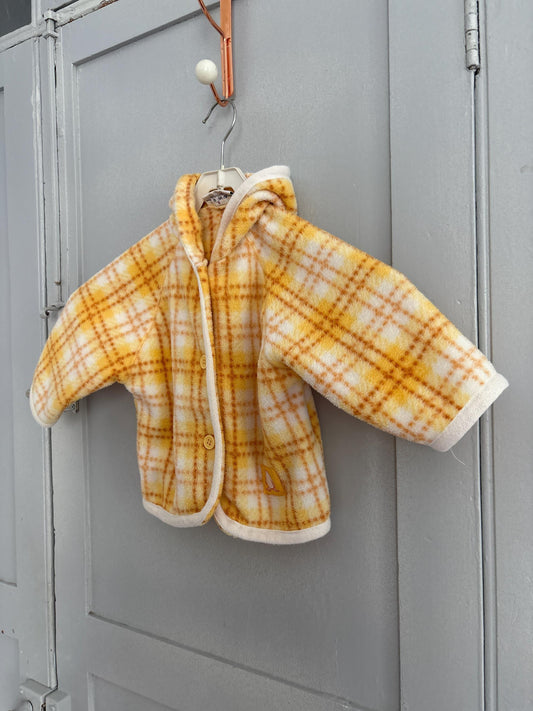 Vintage kids fleece jacket with yellow checkered pattern – retro toddler coat with buttons, cozy soft outerwear, size 56 cm (eu)