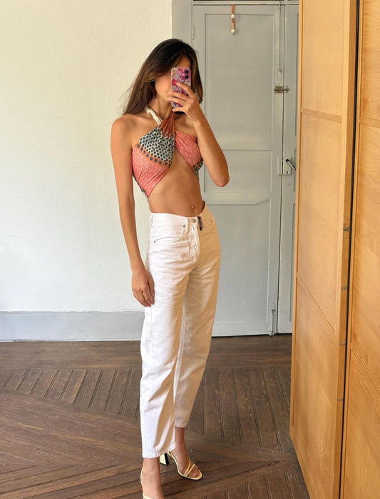 Vintage White Denim Jeans, 90s Tapered Fit — detail