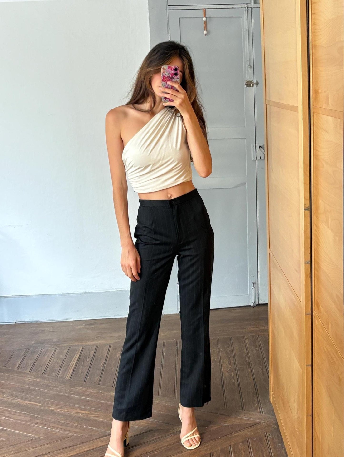 Vintage italian black pinstripe trousers – high waist straight leg pants, vitti vitti, elegant tailored fit, size s / it 42 / d 36