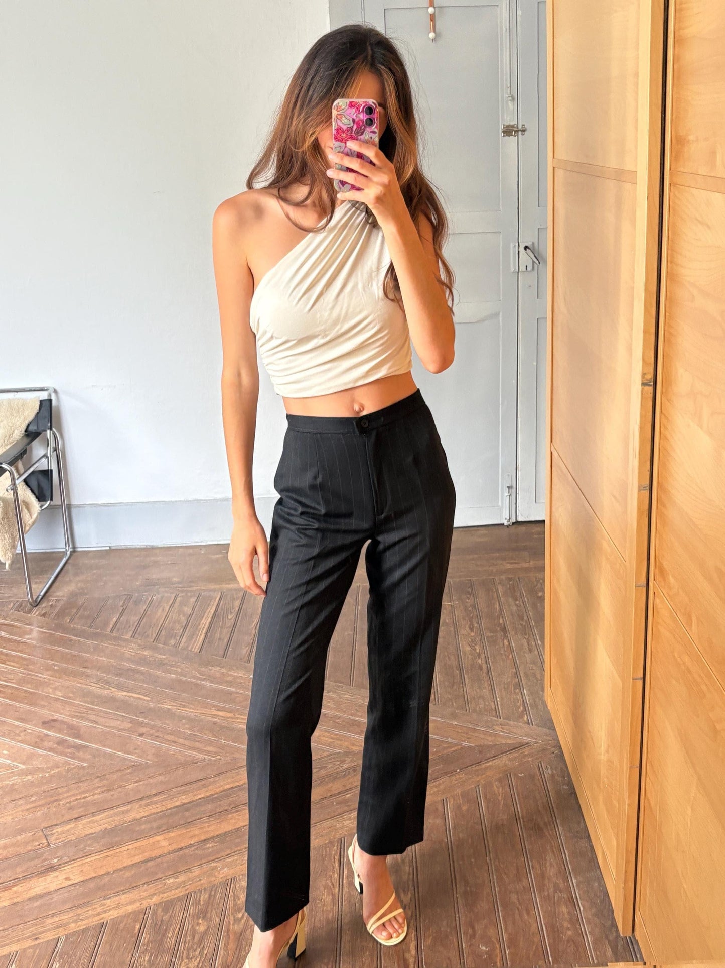 Vintage italian black pinstripe trousers – high waist straight leg pants, vitti vitti, elegant tailored fit, size s / it 42 / d 36