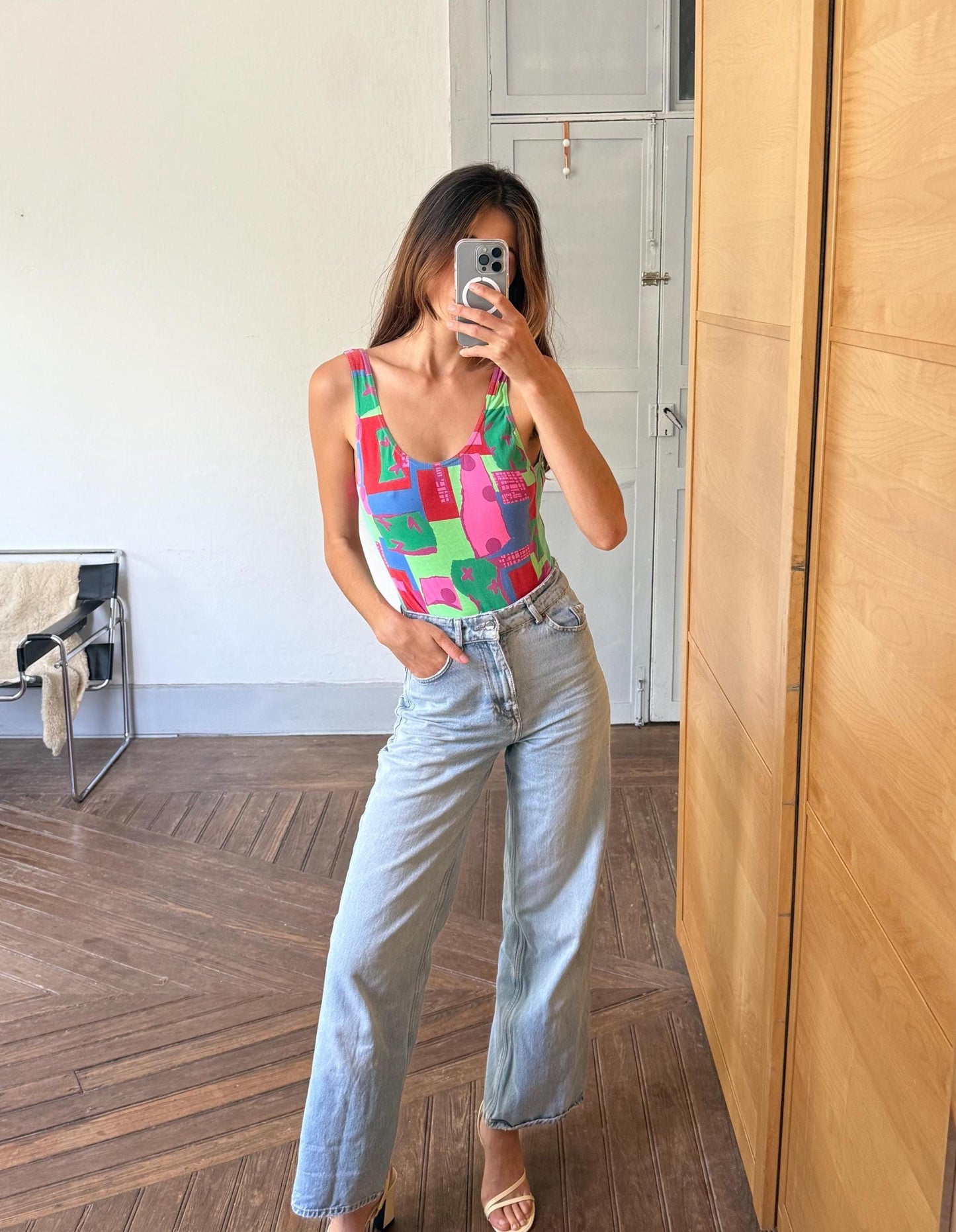 Vintage colorful bodysuit top | 80s/90s retro one piece | y2k high cut body | cotton | size xs | festival summer statement piece