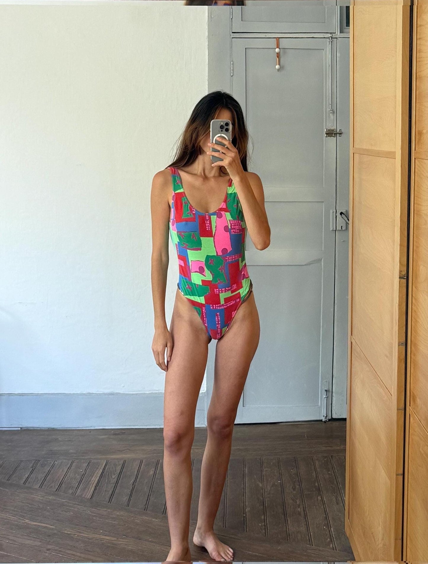 Vintage colorful bodysuit top | 80s/90s retro one piece | y2k high cut body | cotton | size xs | festival summer statement piece