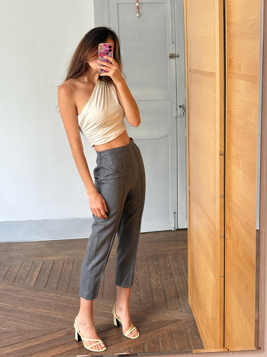 Vintage handmade grey pants, wool dark academia aesthetic, petite fit high waist cropped wool trousers, size xs - s