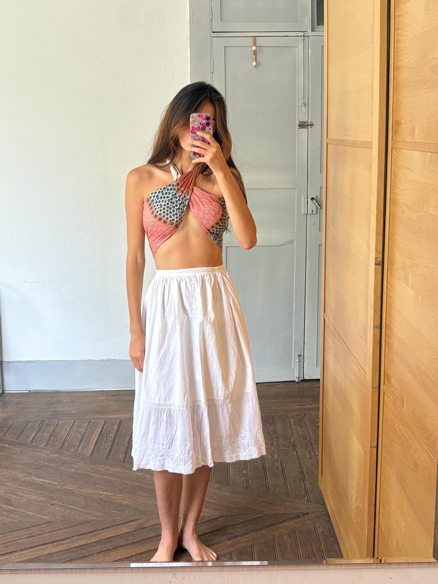 Antique spanish skirt, handmade cotton petticoat vintage white underskirt with embroidery, cottagecore romantic lace hem midi skirt