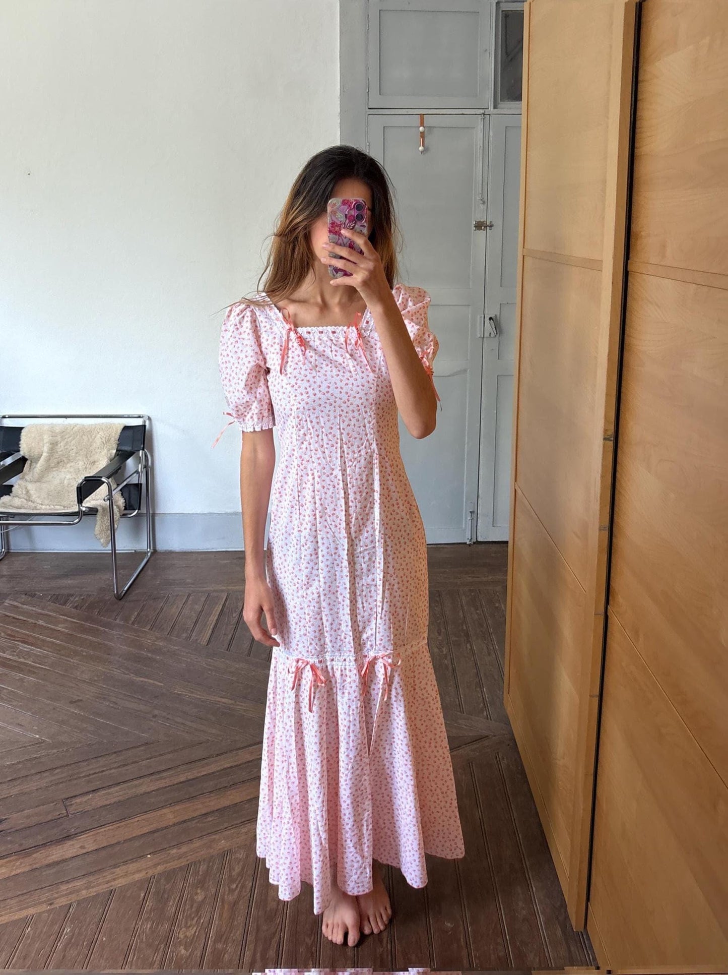 Vintage cottage core dress, romantic nightgown, handmade cotton pink floral lace ribbon trim prairie style nightie, size s