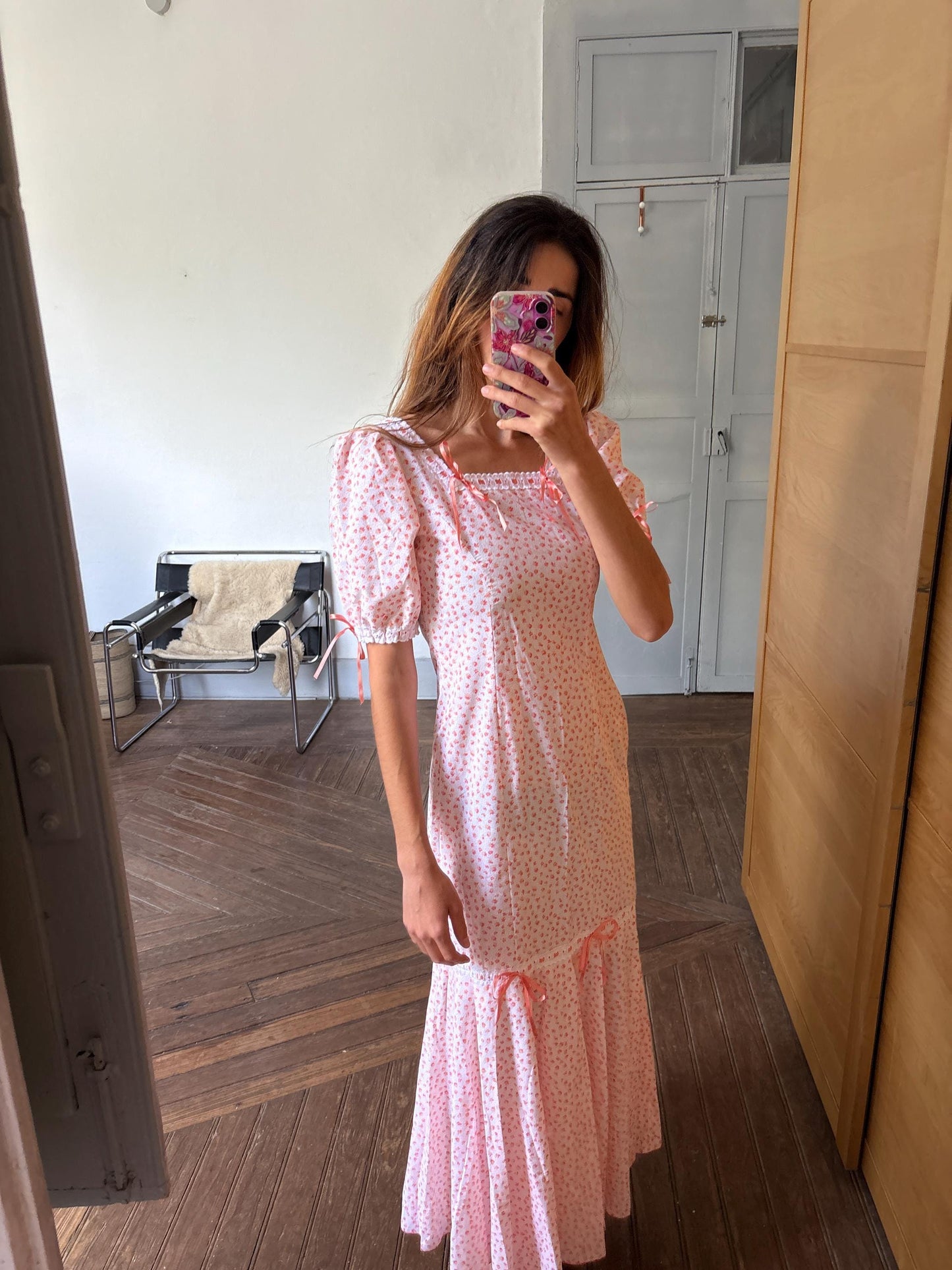 Vintage cottage core dress, romantic nightgown, handmade cotton pink floral lace ribbon trim prairie style nightie, size s