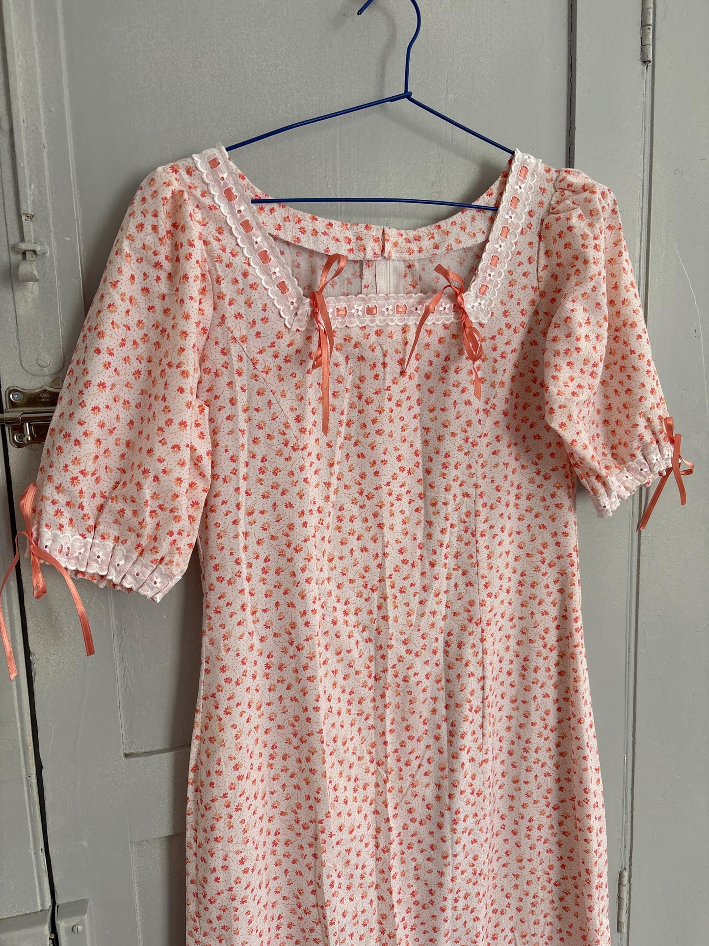 Vintage cottage core dress, romantic nightgown, handmade cotton pink floral lace ribbon trim prairie style nightie, size s