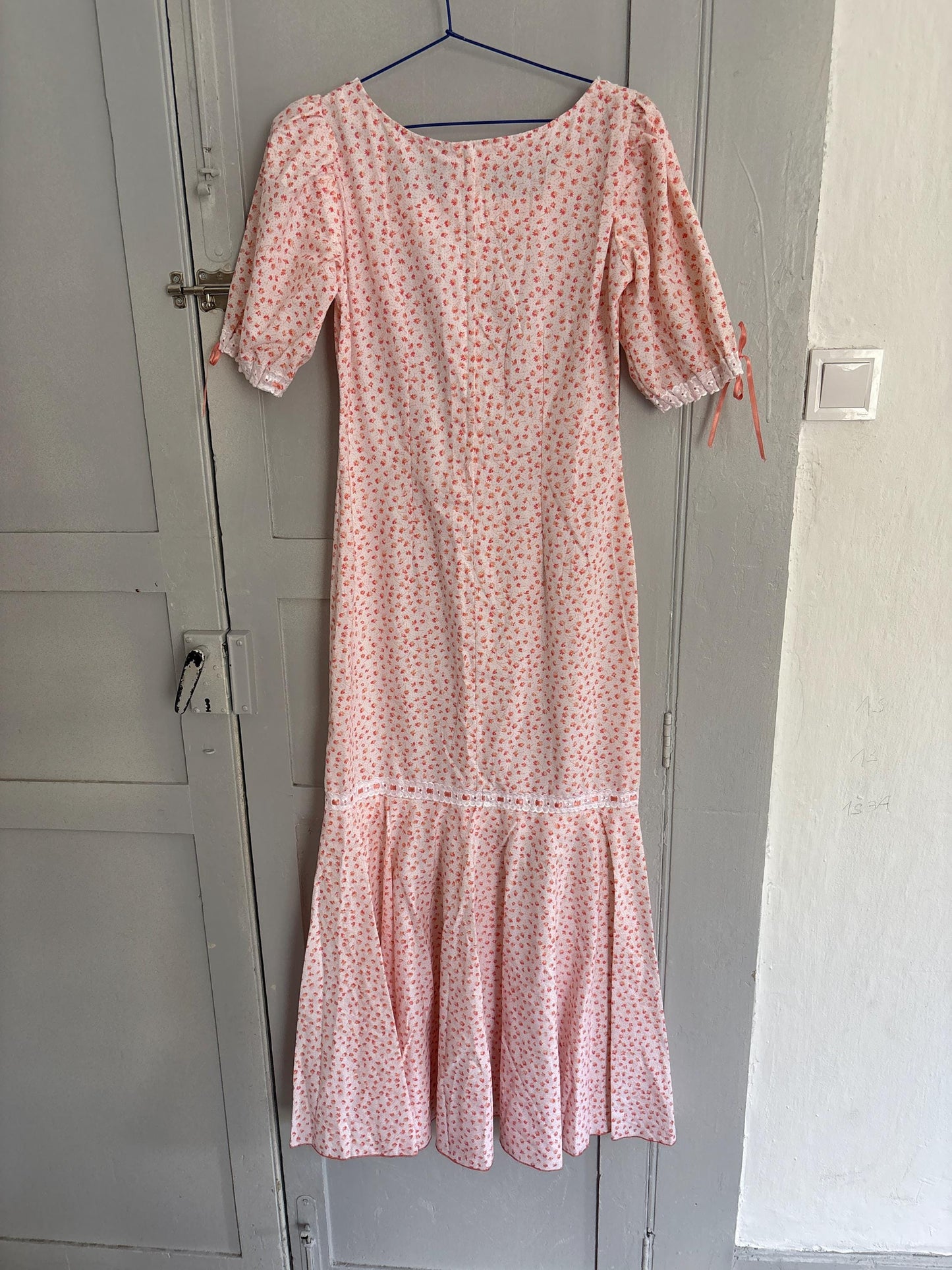 Vintage cottage core dress, romantic nightgown, handmade cotton pink floral lace ribbon trim prairie style nightie, size s