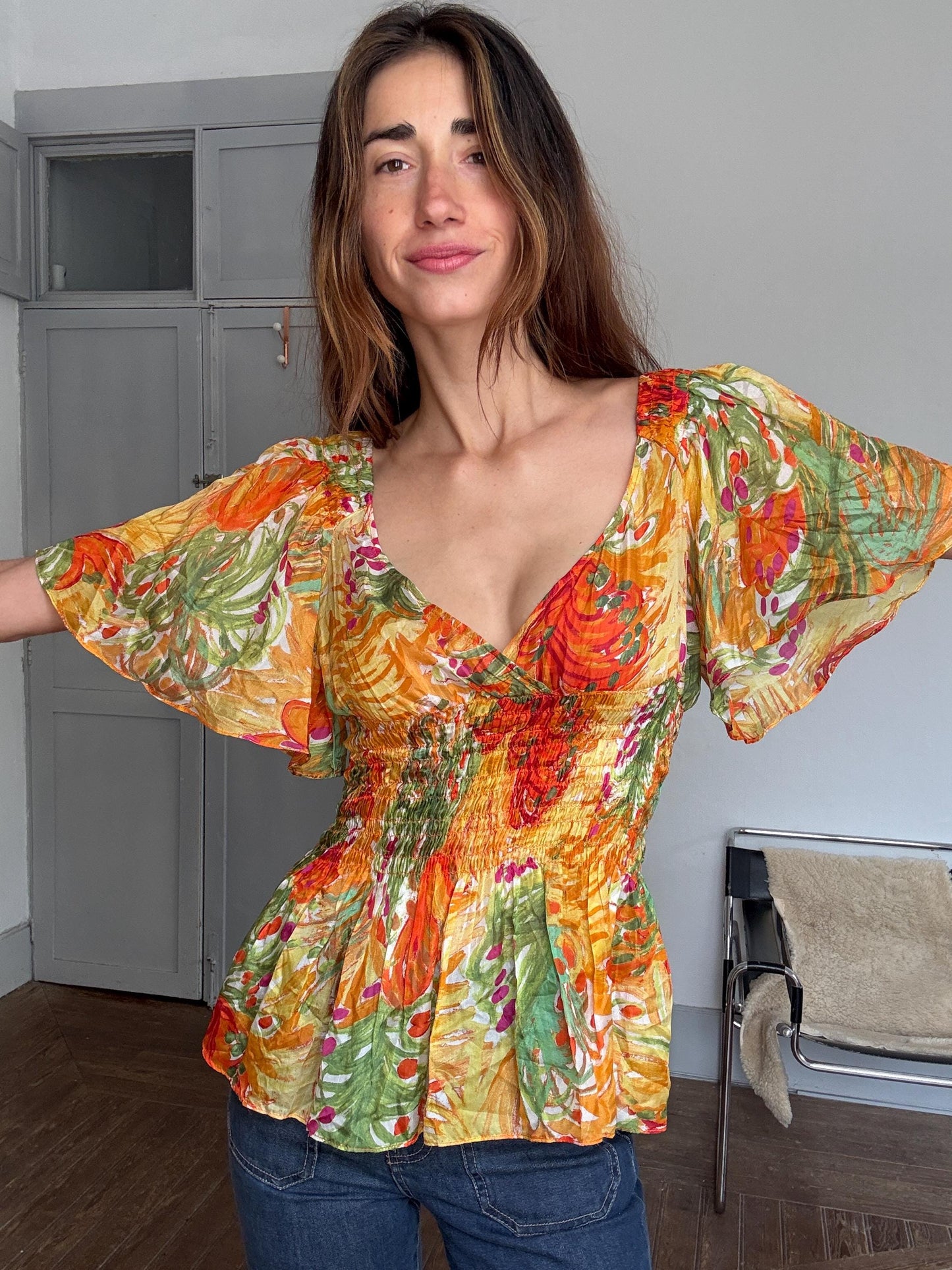 Vintage silk summer blouse – 100% silk floral print top with flutter sleeves, dreamy feminine lightweight fit, bright boho top