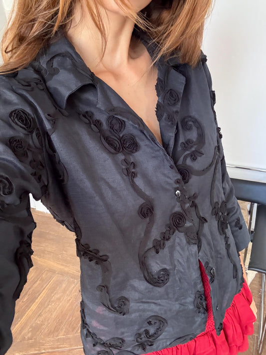 Vintage Black Woman Blouse Sheer Embroidered Floral Shirt, Romantic Style Size L EU 44 UK 16 US 12