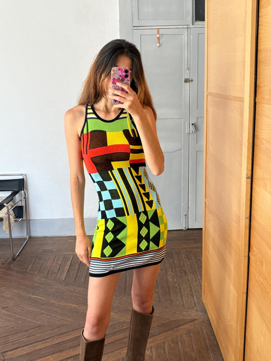 Vintage Colourful mini dress, Vibrant pop of colour bold geometric tight dress, Retro aesthetic mini outfit, Size XS