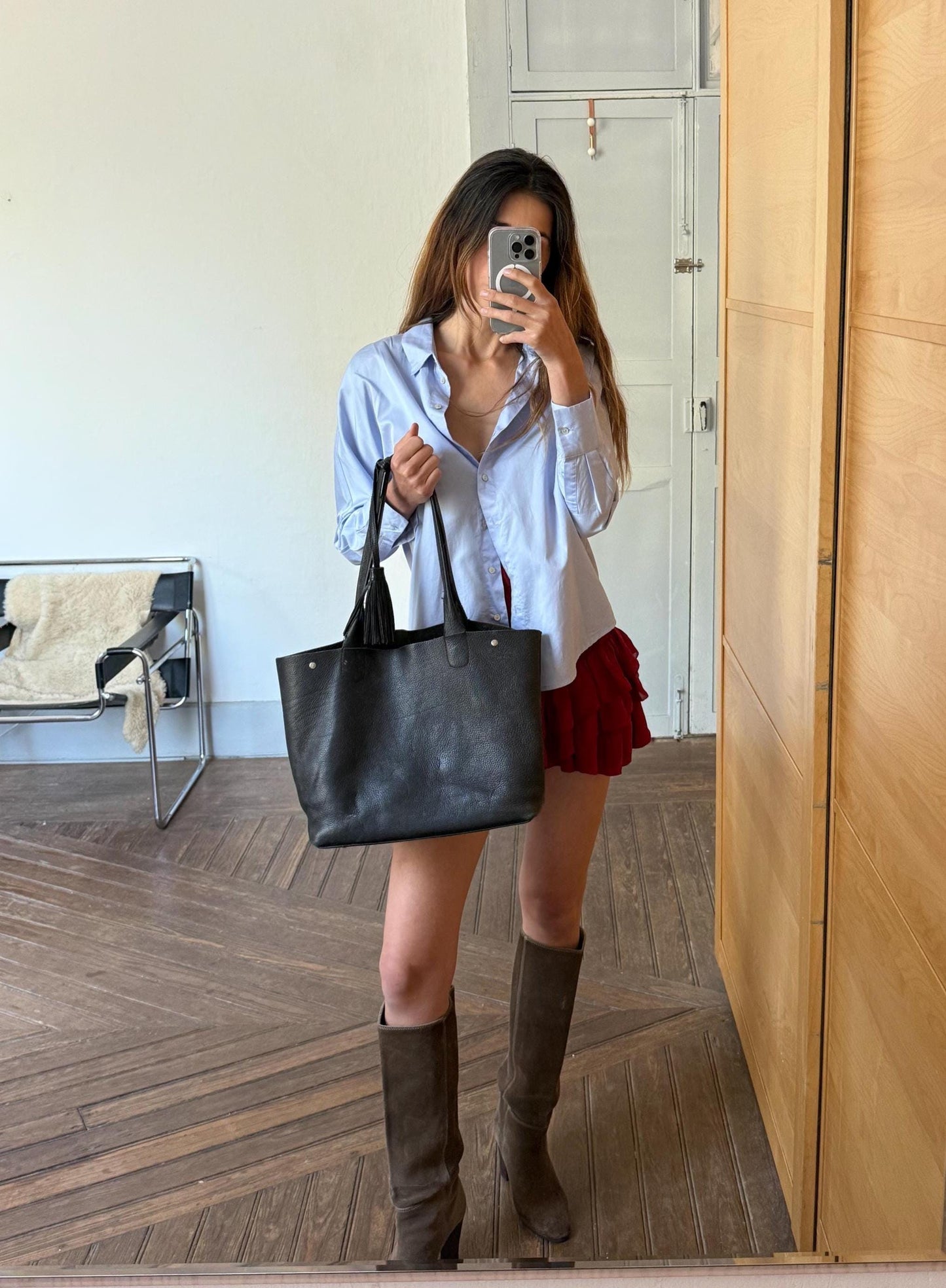 Black leather bag, Minimalist stylish shopper, Luxe diaper bag, Tassel detail schoolbag roomy book bag