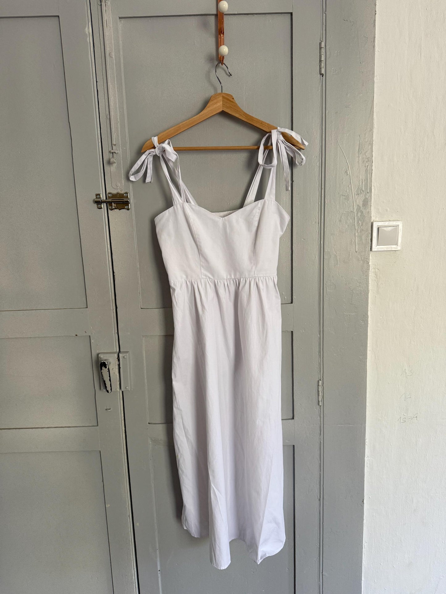 White summer dress, Minimalist romantic beach outfit, Cute strappy midi dress, Sustainable recycled maxi dress, Size S - M