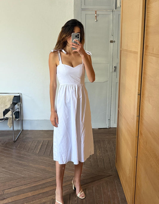 White summer dress, Minimalist romantic beach outfit, Cute strappy midi dress, Sustainable recycled maxi dress, Size S - M